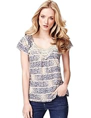 Indigo Collection Crochet Floral Striped Top