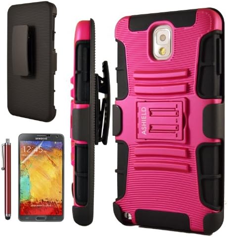 Ashield Armor Series Non-slip Dual Layer Holster Case with Kickstand and Locking Belt Swivel Clip+ 1 Stylus+1screen Protector for Samsung Galaxy Note 3 III N9000 (Red)