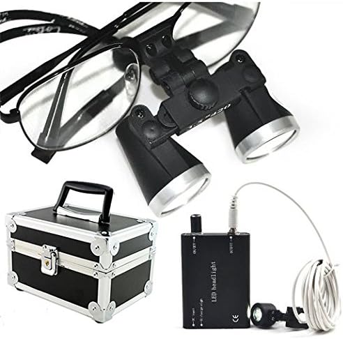 Chericare Metal Frame Dental Surgical Loupes 3.5X 420mm Optical Glass+LED head light lamp+Black Aluminum Box