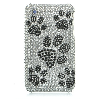 Premium Designer Hard Crystal Snap-on Case for Apple iPhone 3G - 3GS 3G-S - Full Diamond Case with Black Silver Dog Puppy Paws Print