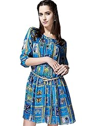 Round Neck Satin/Silk Geometric Print Gathered Pleated  Elbow Length Sleeves Knee Length Short  Dress With a Bow(s)