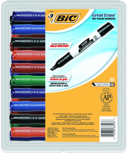 Item: BIC Great Erase Grip Chisel Dry Erase Marker, Chisel Tip, Assorted Ink, 30 Coun