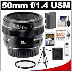 Canon EF 50mm f/1.4 USM Lens + UV Filter + LP-E6 Battery + Tripod + Accessory Kit for EOS 5D Mark II, 60D & 7D Digital SLR Cameras