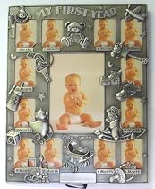 12 - 1&frac12;&times;2 Birth Thru 11 Months & 1 - 3&frac12;&times;5 1st Year Rectangular Photos - 'My First Year' w/Baby Items & Engraveable Surface