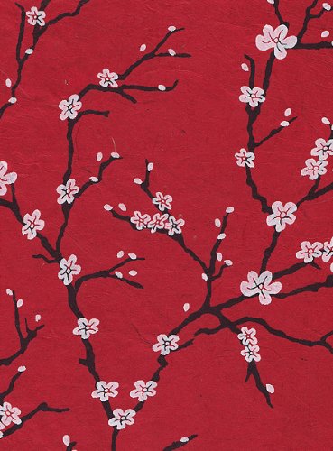 Nepalese Peach Blossom Paper- White Flowers on Red Paper 19x29.5 Inch Sheet