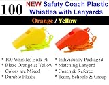 Bulk Lot of 100 NEW Safety Plastic Whistle with Lanyard Orange/Yellow