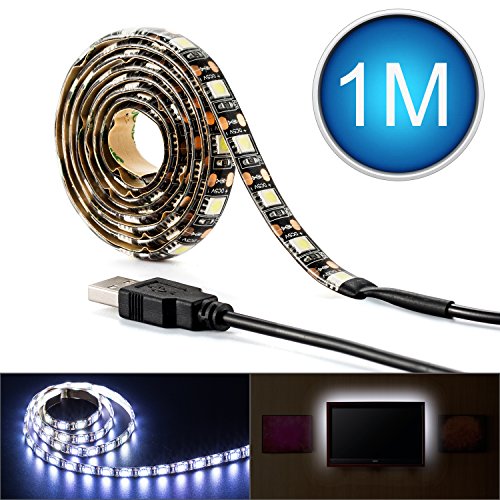 Led Strip Lights, AQV USB Led Side Emitting Flexible White SMD 5050 3.28 Ft (1M) 60 leds 12v bias Rope Lighting, Waterproof Adhesive Tape Strip Lights Kit for TV/PC/Laptop Background