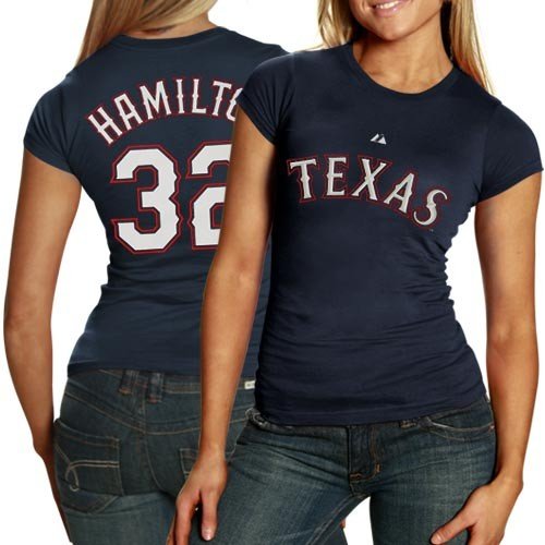 Majestic Texas Rangers #32 Josh Hamilton Ladies Navy Blue Player T-shirt (Large)