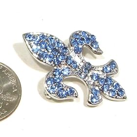 Blue Austrian Rhinestone Fleur de lis Silver-Plated Brooch Pin