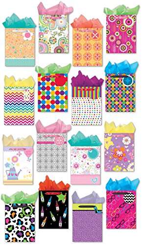 Gift Bags Set of 16 Medium Gift Bags w/ Glitter, Tags, Stars, Stripes and Spots Design, and Tissue Paper for Kids, Girls, Boys, Women, and Men