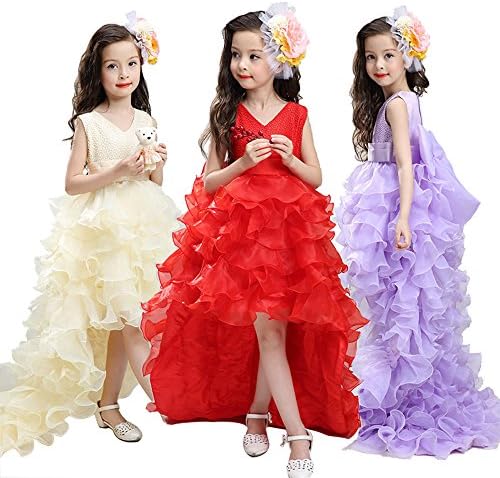 LISIBO Girls Kids Wedding Party Flower Dovetail Long Flower Dress (1-2 Year, Red)