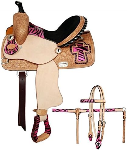 14",15",16" Double T Barrel Saddle with Half Breed Alligator Print Seat. Full Quarter Horse Bars (Pink, 16")