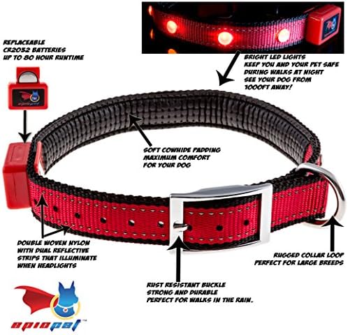 LED Dog Collar with Flashing Red Lights and Thick Padding for Medium Dogs by EpicPet