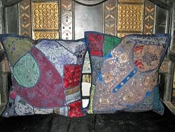 Chair Cushion Covers-2 Mid Night Blue Embroidery Sari Toss Pillow Cushion Covers Free Shipping