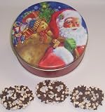 Scott's Cakes 1 lb. Milk Chocolate Covered Pretzel with Chocolate Chips & White Chocolate Chips in a Santa's Toys Tin Tin