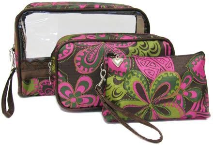 VGS FashionsCosmetic Purse Case ~ Brown Pink Flowers Print Rectangle Cosmetic Makeup Pouch Purse Bags Set of 3 (1007 Rect)