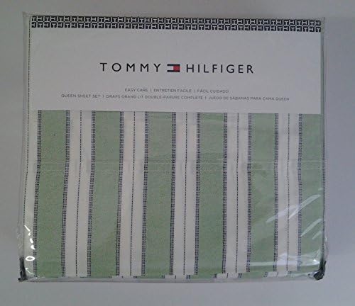 Tommy Hilfiger Pillow Case and Print Sheet Set, Queen, Classic Fresh Green with Navy Thread Alternated with White Stripes