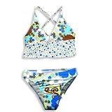 Wonderline - Girls Floral Tankini Swimsuit, White, Blue, Brown