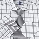 Savile Row Mens Grey White Bold Check Fitted Dress Shirt Cutaway Collar French Cuff
