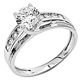 14K White Gold Solitaire 1.5 CT Equivalent Round CZ Cubic Zirconia High Polish Finish Ladies Wedding Engagement Ring Band with Round Side Stone