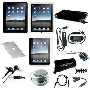 13-Item Accessories Bundle for Apple iPad Tablet Wifi / 3G skin case, sleeve, earphone, screen protector, crystal case, FM transmitter, speaker, cable + more