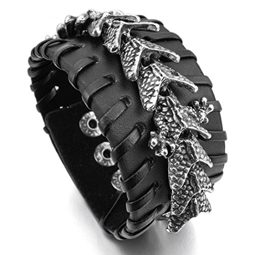 Men's Alloy Genuine Leather Bracelet Bangle Cuff Black Dragon Vintage