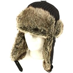 FAUX FUR PINSTRIPE PILOT TRAPPER TROOPER SKI HAT BLACK MEDIUM LARGE