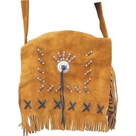 Ladies Western Style Hand bag Brown Suede Leather with Fringes, Beads, Bones AL3302