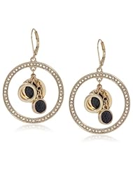 Anne Klein "Dalton" Black Gold-Tone Black Leather Orbital Hoop Earrings