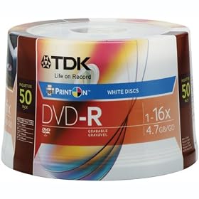 DVD-R 4.7GB  16X White Inkjet Printable Spindle