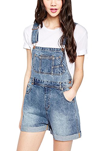 Summerwhisper Women's Washed Fray Denim Bib Overall Shorts Blue