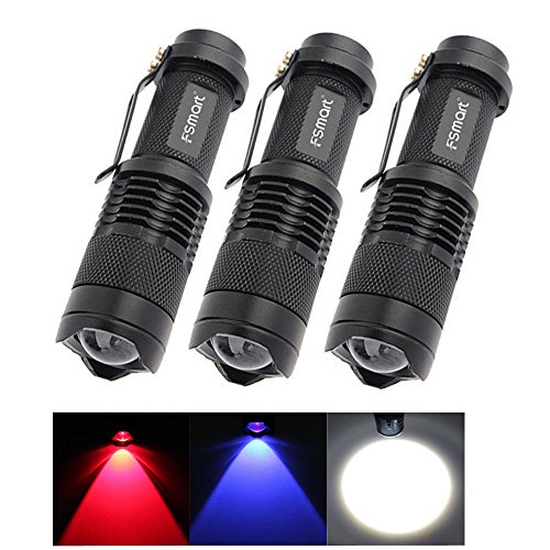 Fsmart® 3 Pieces 1 Pack (Red Blue White Light Each)7W 300LM Mini Flashlight CREE Q5 Led Torch Adjustable Focus Zoom Light Lamp