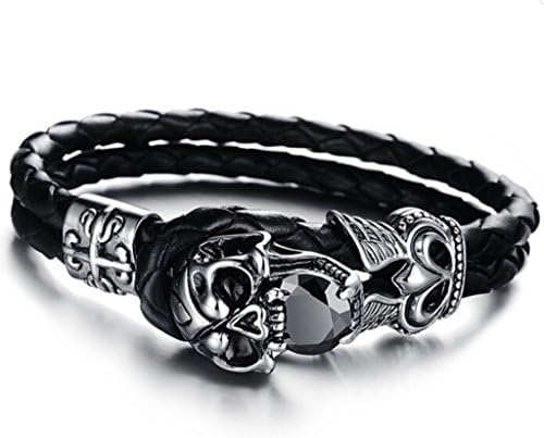 Mens Cool Punk Mens Genunie Leather Bracelets Cubic Zirconia Skull Wrist Band Bangle Bracelet