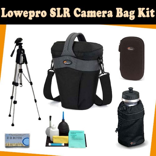 LowePro SLR Camera bag kit which includes the Lowepro Cirrus TLZ 25 Holster Style Case For Digital SLR & Telephoto Zoom Lens (Black) + TR-60N Camera Tripod + DMC-Z wallet for memory card(s), batteries, Mini DV tapes and more + Lowepro Mesh Water Bottle Bag for 32oz. Size Bottles + Camera lens Cleaning kit + DB ROTH Micro Fiber Cloth.