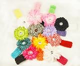 12 Assorted 3-in-1 Large Flower Hair Clip Bows with Soft Stretch Crochet Child Headbands fits Infant Baby to Toddlers to Youth Girls - Mix of Gerber Daisy Lily & Peony