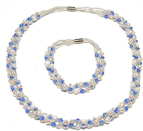 GSG 9 17" White Cultured Freshwater Pearl &amp; Blue Crystal Mash Necklace + Braclet 6.5"