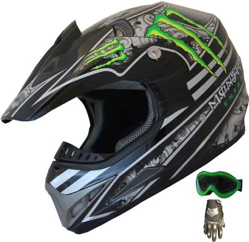 DOT Dirt Bike ATV Motocross Helmet Monster 405_162 Black/green + Goggles+Gloves (XL)