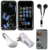 Blue Butterfly Design Protective Rubberized 2 Piece Crystal Hard Case Cover for Apple iPod Touch 4th Generation (8GB, 16GB, 32GB, 64GB) + Mirror Screen Protector for iPod Touch 4th Generation LCD Display Screen + USB Car Charger + USB Travel Wall Charger + Black Hifi Noise Reducing Headphones / Earbuds