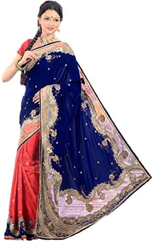 caalyx Women's Half N Half Designer Saree With Blouse Piece One Size Royal Blue and Red