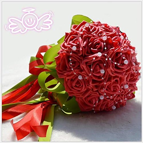 18pcs Artificial Roses with Pearls Chains Stain Ribbon Handle Bride Holding Flower Bouquet