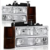 94-98 Chevy Trucks, 95-99 Chevy Tahoe Chrome Housing Headlight, Bumper Light, and Amber Smoke Corner Light 8PC Combo