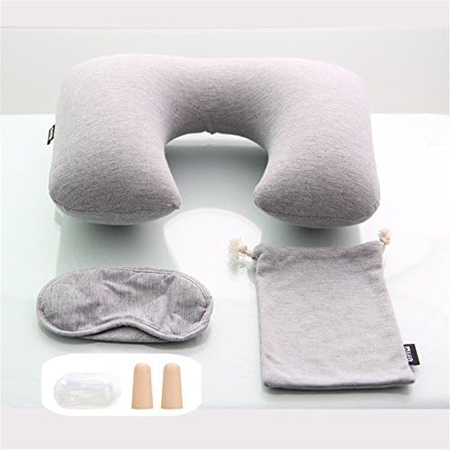 TeiLei 3-in-1 Travel Pillow Set - Inflatable Headrest Neck Pillow + Eye Sleeping Mask + Memory Foam Earplugs with Storage Pouch (Plain Grey)