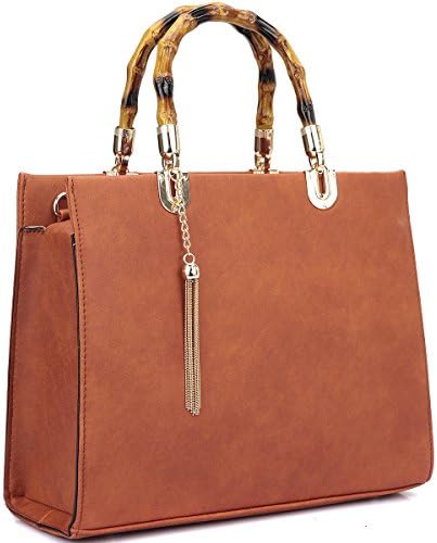 Dasein Bamboo Handle Smooth Leather Medium Tote Satchel Shoulder Bag
