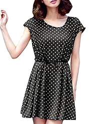 Round Neck Cotton/Polyester Sleeveless Dots Print Belted Stretchy  Dress