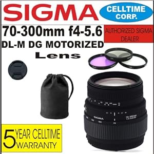 Sigma 70-300mm F4-5.6 DL-M DG (Motorized) Telphoto Zoom Lens for Nikon Digital SLR Cameras + 3 Piece Filter Kit with Case + Lens Case + Celltime 5 Year Warranty