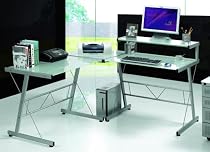 L-Shaped Workstation Computer Desk with Frosted Glass Top