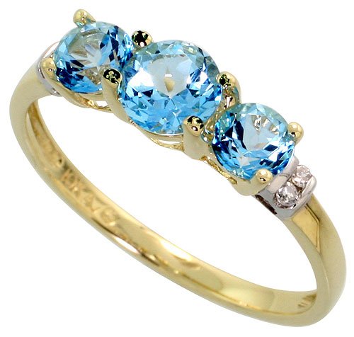 10k Gold Three Stone Ring, w/ 1.00 Total Carat Weight of Brilliant Cut Aquamarine Stones & Brilliant Cut Diamonds, 3/16'' (5mm) wide