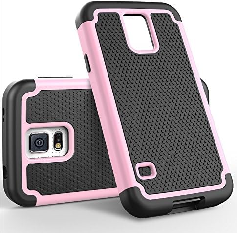 Galaxy S5 Case, Hongqing Shop 2 in 1 Drop Protection Heavy Duty Design Hybrid Hard PC with Soft Rubber Regular Hexagon Textured Shield Combine Black Silicone Inner Bumper Combo Cover Case (Pink/Black)