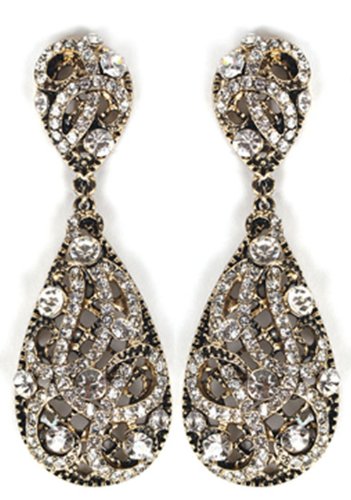 Antique Goldtone with Clear Iced Out Vine Twist Teardrop Shaped 3.25 Inch Dangle Clip on Earrings (R-3773)