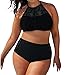 EVALESS Womens Stylish Patterned High Waisted Bikini Set Swimsuit Large Size Black